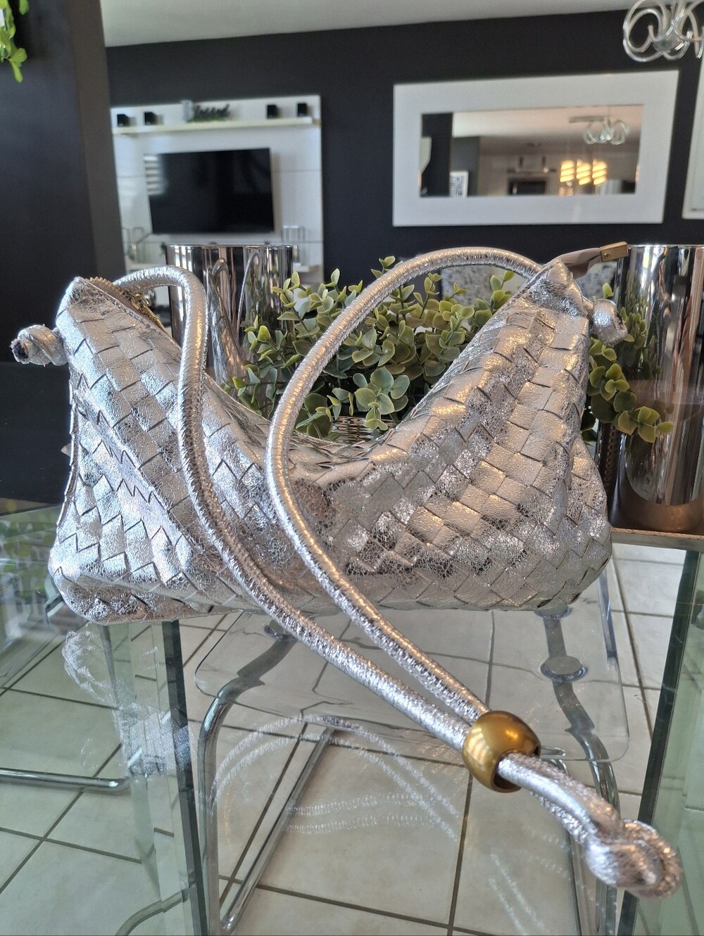 Silver Woven Shoulder Bag - Metallic Leather